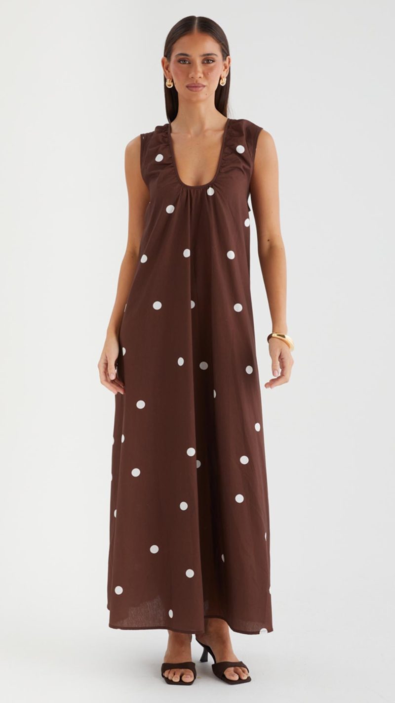 Chocolate Polka Gathered Scoop A-Line Maxi Dress