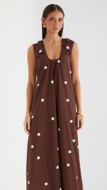 Chocolate Polka Gathered Scoop A-Line Maxi Dress