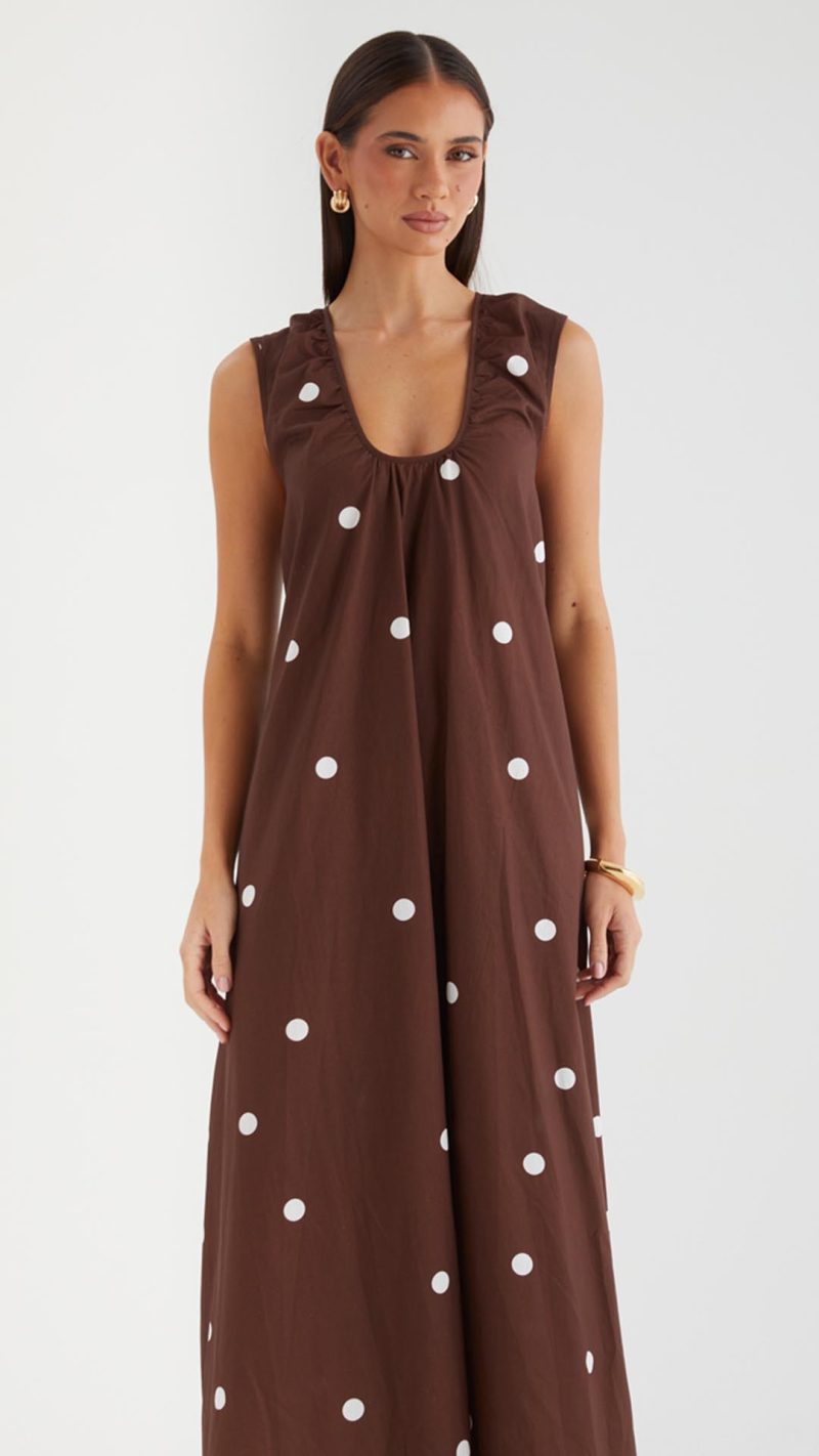 Chocolate Polka Gathered Scoop A-Line Maxi Dress