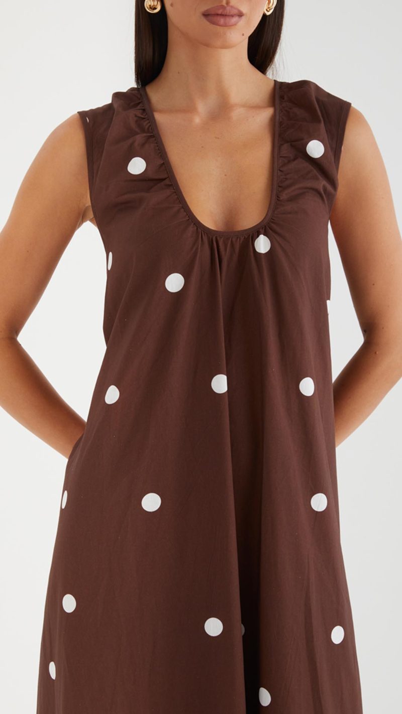 Chocolate Polka Gathered Scoop A-Line Maxi Dress