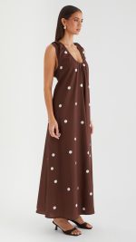 Chocolate Polka Gathered Scoop A-Line Maxi Dress