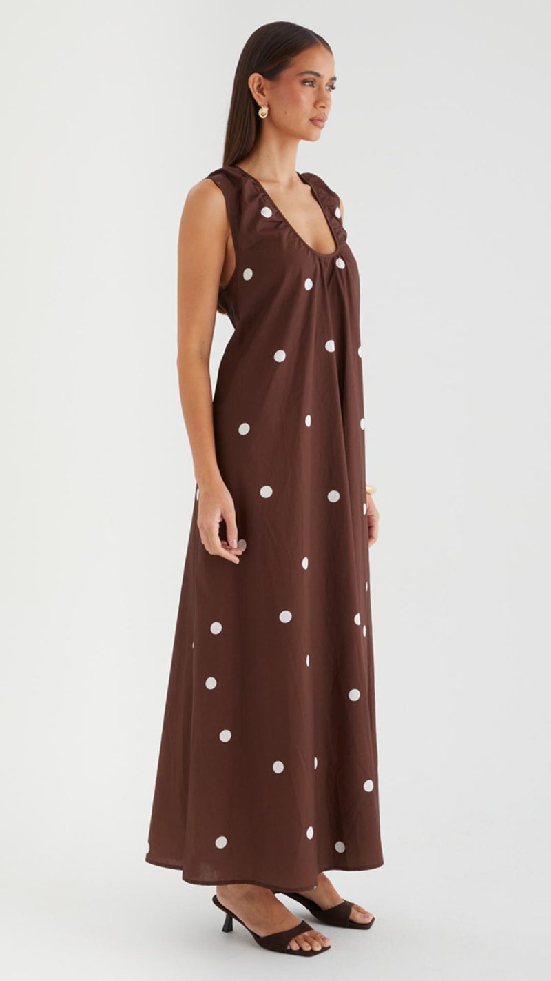 Chocolate Polka Gathered Scoop A-Line Maxi Dress