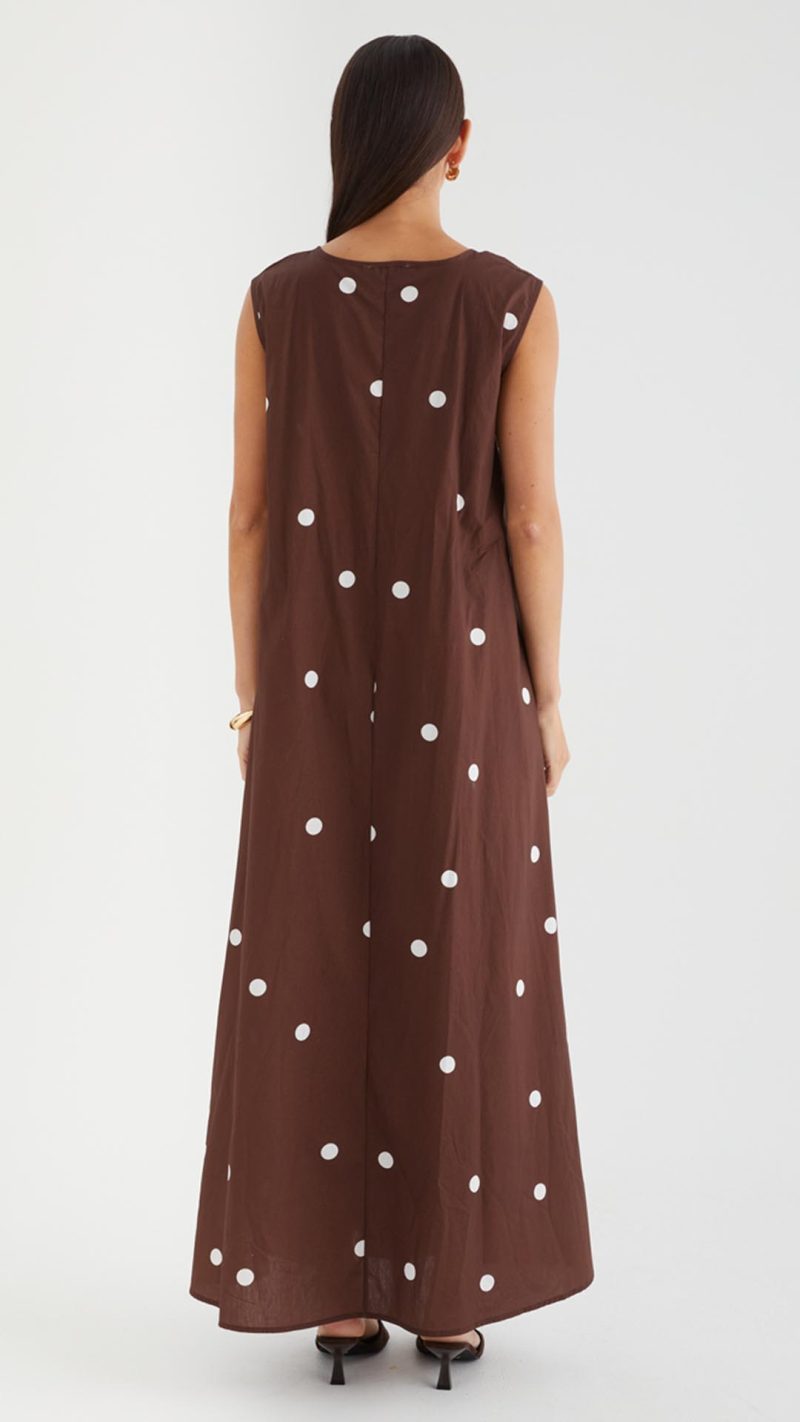 Chocolate Polka Gathered Scoop A-Line Maxi Dress