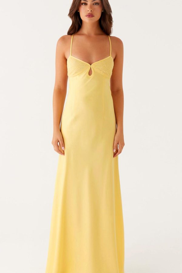 Yellow Keyhole Spliced Lace Maxi Dress