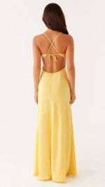Yellow Keyhole Spliced Lace Maxi Dress