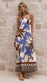 Chocolate/Blue Palm Shirred-Back Maxi Dress