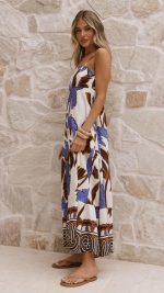 Chocolate/Blue Palm Shirred-Back Maxi Dress