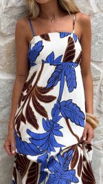 Chocolate/Blue Palm Shirred-Back Maxi Dress