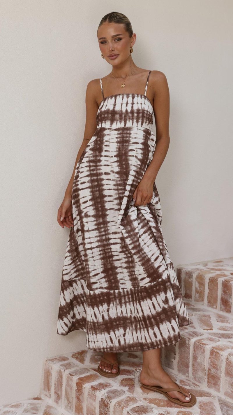 Chocolate Tie Dye Shirred-Back Maxi Dress