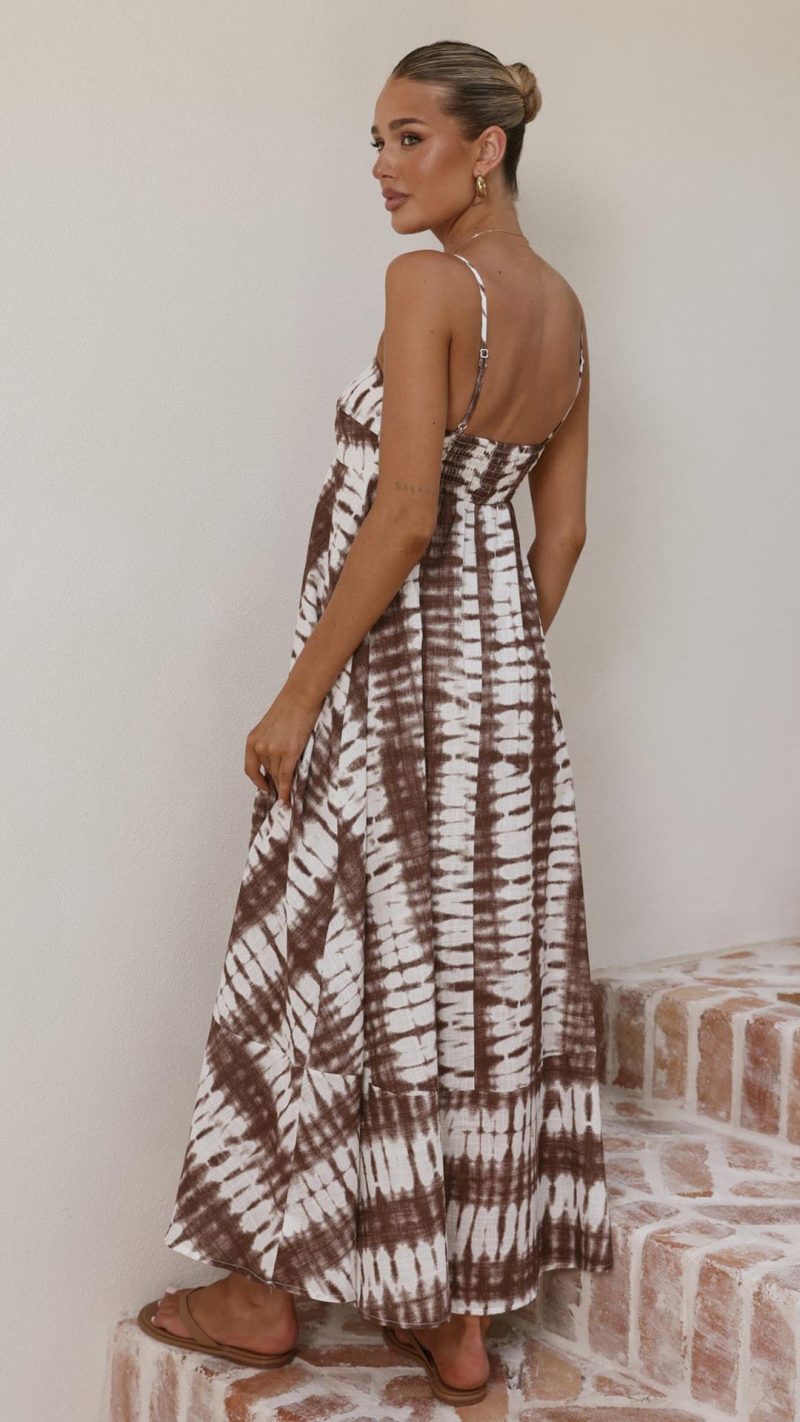 Chocolate Tie Dye Shirred-Back Maxi Dress
