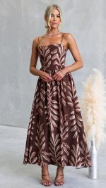 Chocolate Leaf Print Square Neck Maxi Dress