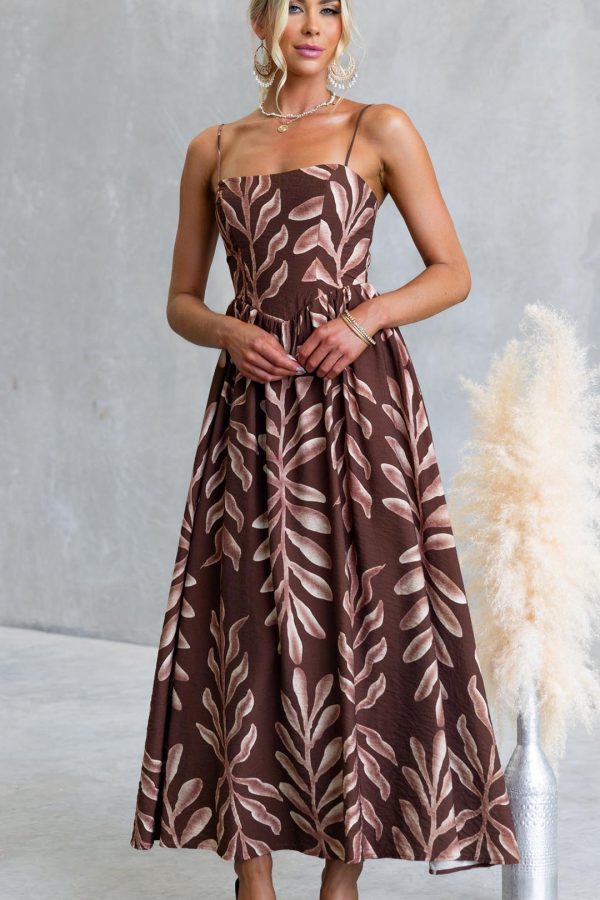 Chocolate Leaf Print Square Neck Maxi Dress