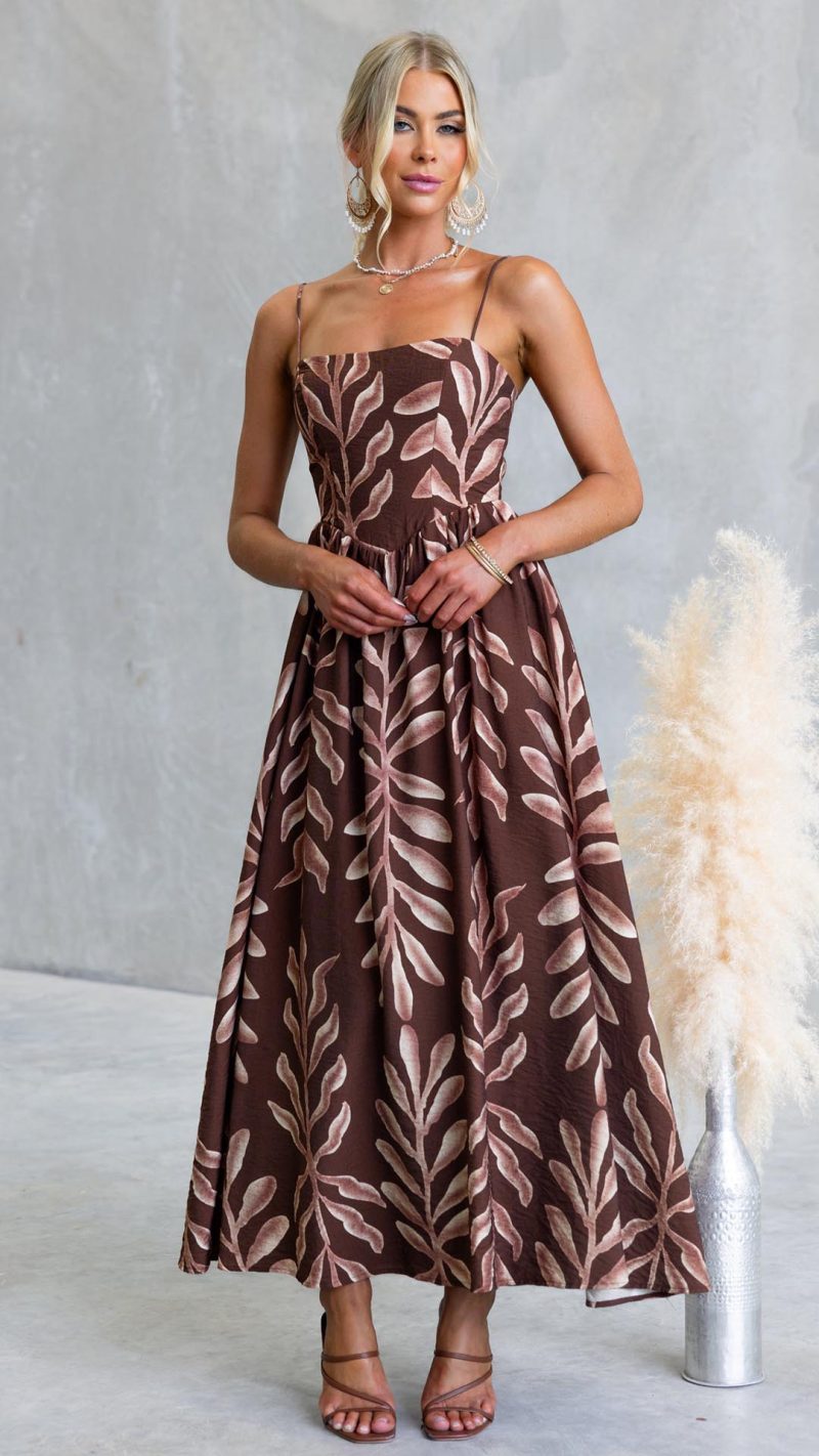 TH-03017-1 Chocolate Leaf Print Square Neck Maxi Dress