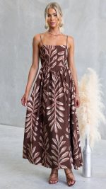 Chocolate Leaf Print Square Neck Maxi Dress