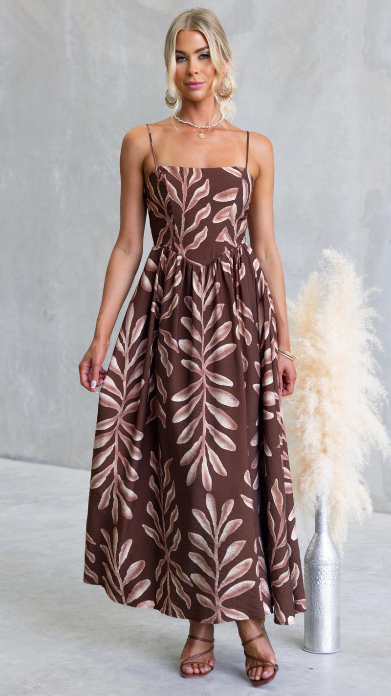 Chocolate Leaf Print Square Neck Maxi Dress