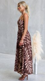 Chocolate Leaf Print Square Neck Maxi Dress