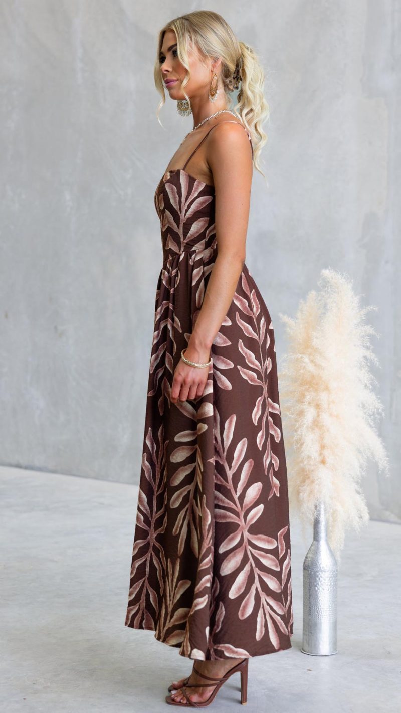 Chocolate Leaf Print Square Neck Maxi Dress