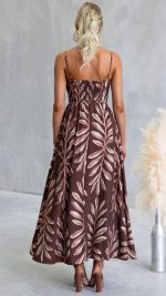 Chocolate Leaf Print Square Neck Maxi Dress