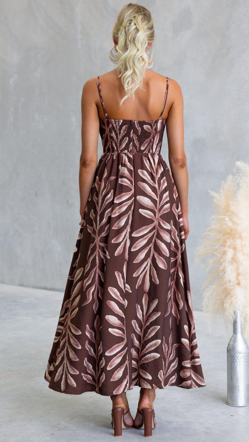Chocolate Leaf Print Square Neck Maxi Dress