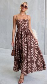 Chocolate Leaf Print Square Neck Maxi Dress