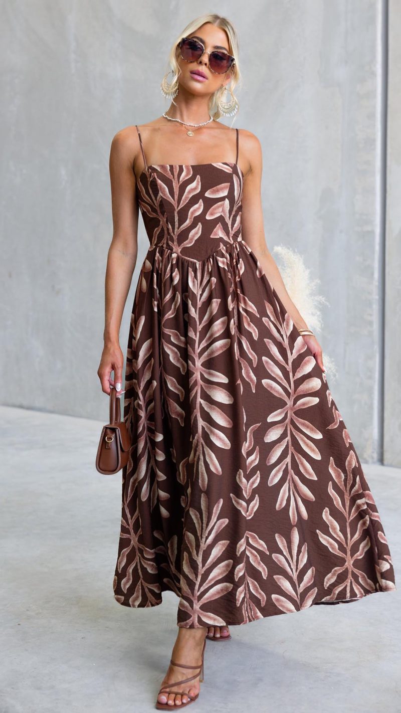 Chocolate Leaf Print Square Neck Maxi Dress