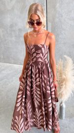 Chocolate Leaf Print Square Neck Maxi Dress