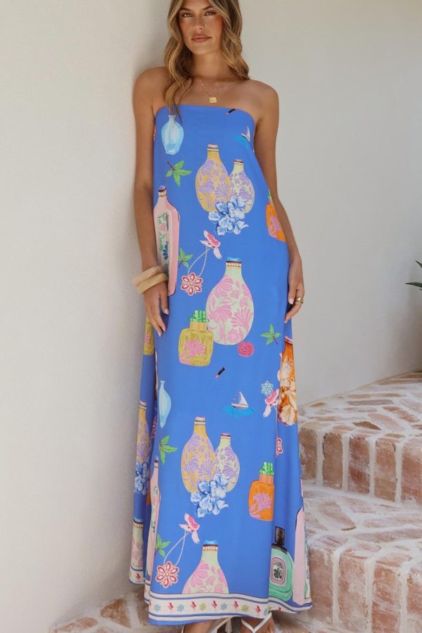 Blue Perfume Print Strapless A-Line Maxi Dress