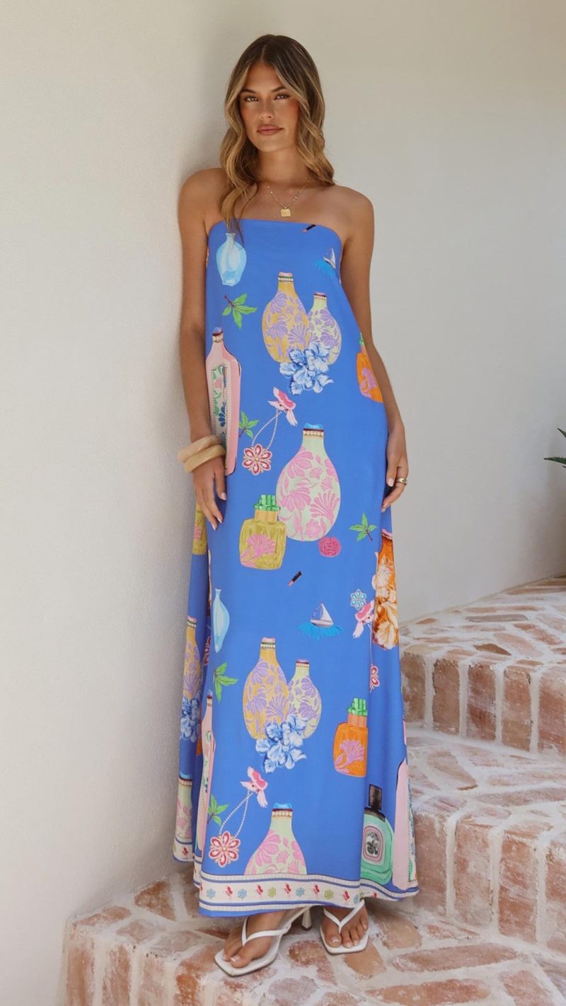 TH-03018-1 Blue Perfume Print Strapless A-Line Maxi Dress