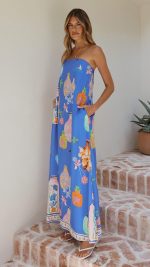 Blue Perfume Print Strapless A-Line Maxi Dress