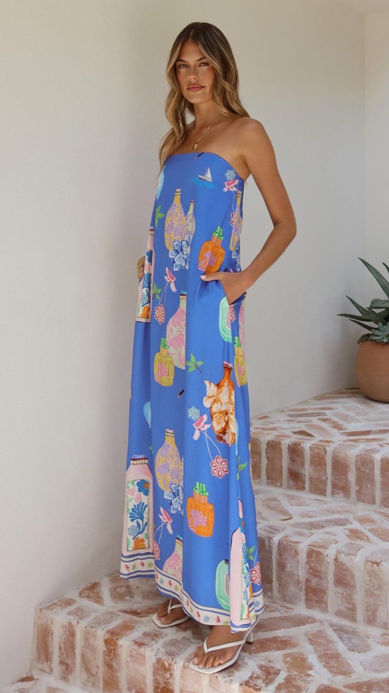 Blue Perfume Print Strapless A-Line Maxi Dress