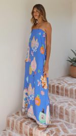 Blue Perfume Print Strapless A-Line Maxi Dress