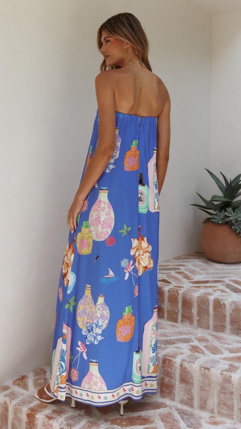 Blue Perfume Print Strapless A-Line Maxi Dress