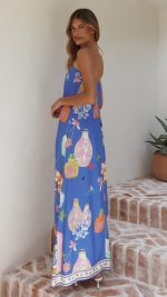Blue Perfume Print Strapless A-Line Maxi Dress