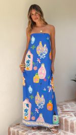 Blue Perfume Print Strapless A-Line Maxi Dress