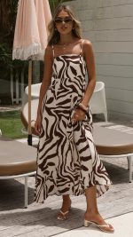 Mocha Swirl Shirred-Back A-Line Maxi Dress