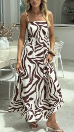 Mocha Swirl Shirred-Back A-Line Maxi Dress
