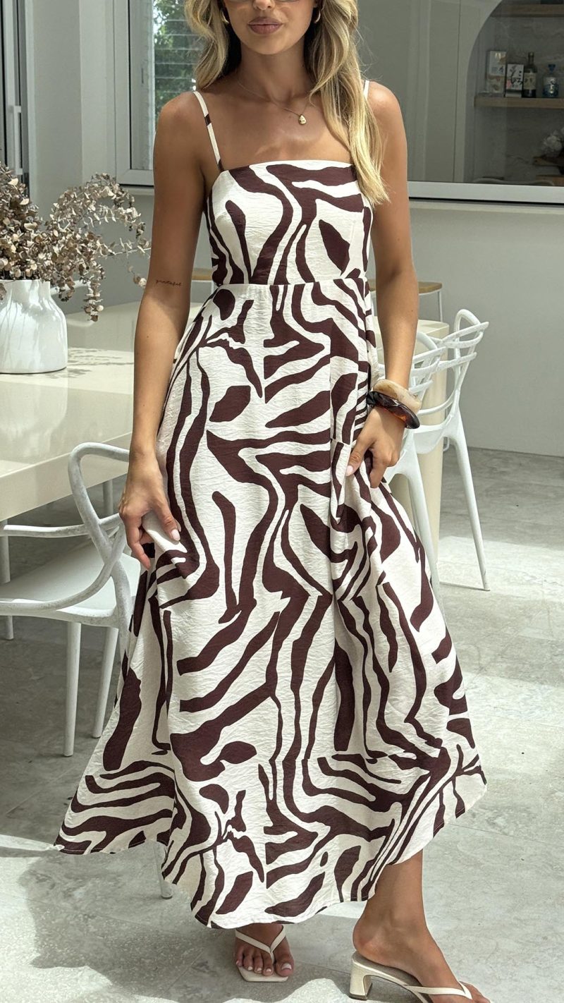 Mocha Swirl Shirred-Back A-Line Maxi Dress