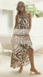 Mocha Swirl Shirred-Back A-Line Maxi Dress