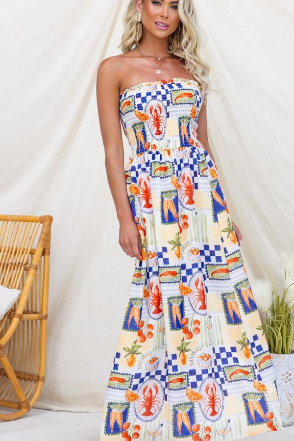 Sand Shirred Strapless Maxi Dress