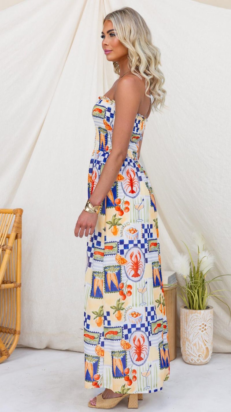 Sand Shirred Strapless Maxi Dress