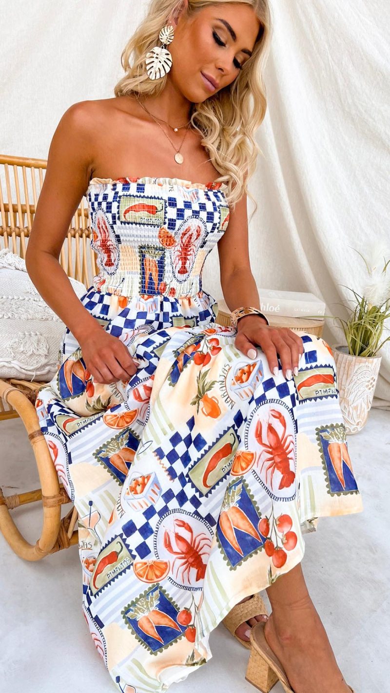 Sand Shirred Strapless Maxi Dress