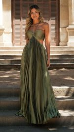 SOFT OLIVA Keyhole Ruched-Cup Open-Back Cutout Gown