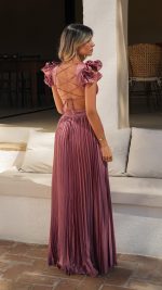 Cinnamon Rose Ruffle Shoulder V-Neck Pleated Maxi Dress