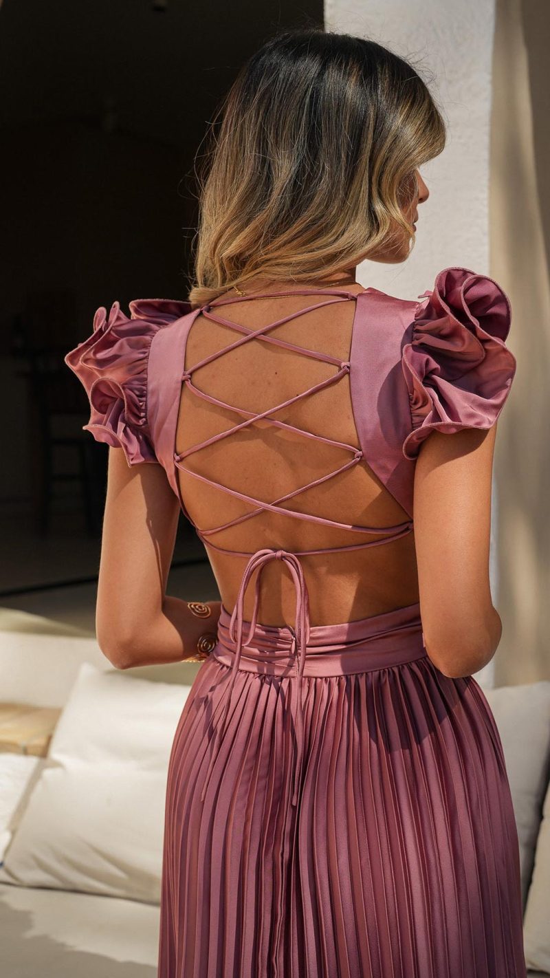 Cinnamon Rose Ruffle Shoulder V-Neck Pleated Maxi Dress