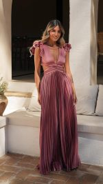 Cinnamon Rose Ruffle Shoulder V-Neck Pleated Maxi Dress