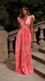 Pink Ruffle Cut-Out Open-Back Floral V-Neck Maxi Dress