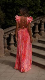Pink Ruffle Cut-Out Open-Back Floral V-Neck Maxi Dress