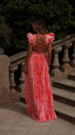 Pink Ruffle Cut-Out Open-Back Floral V-Neck Maxi Dress