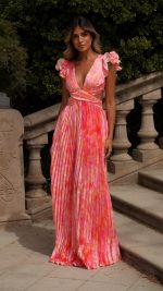 Pink Ruffle Cut-Out Open-Back Floral V-Neck Maxi Dress