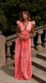 Pink Ruffle Cut-Out Open-Back Floral V-Neck Maxi Dress